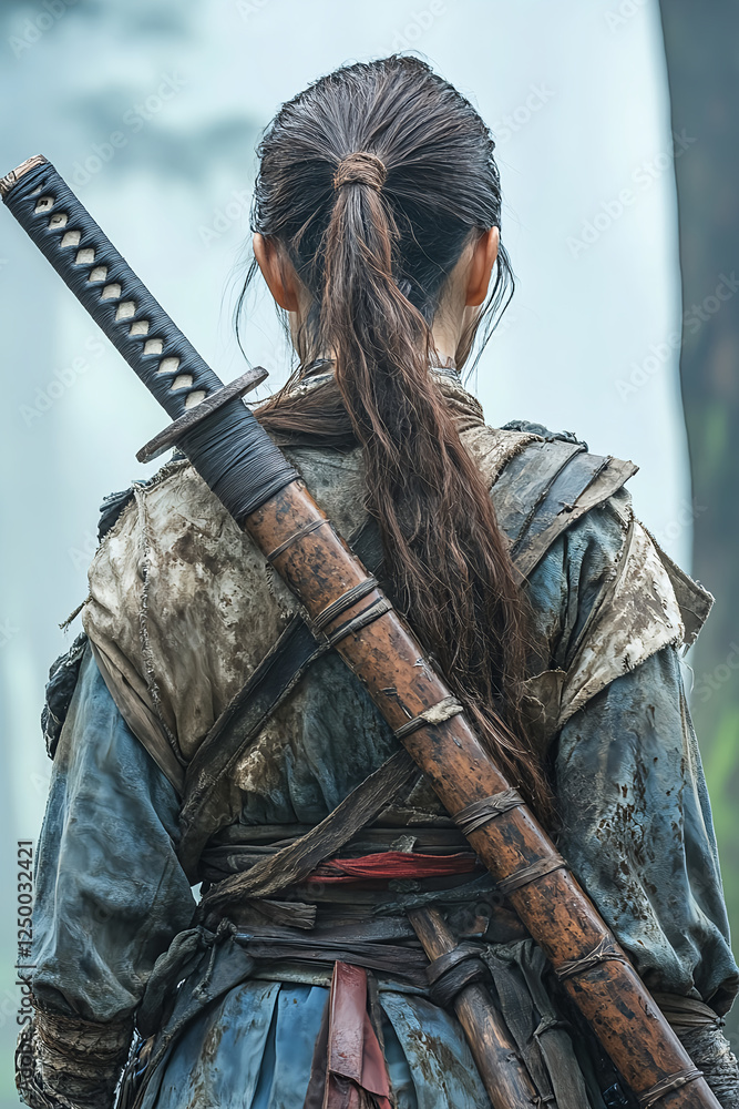 Obraz premium A photo of an ancient female warrior walking through a foggy, misty landscape. She is wearing tattered and has long, dark hair tied back in a single braid. The background should be blurry with 