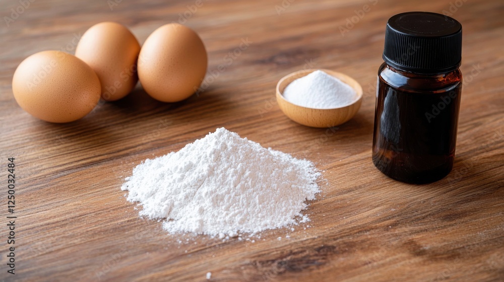 Baking Ingredients Brown Eggs, Flour, Baking Soda, and Vanilla Extract on Wood Baking Ingredients Brown Eggs, Flour, Baking Soda, and Vanilla Extract on Wood