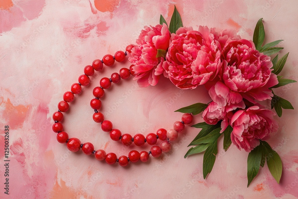 Red beaded necklace and pink peonies on pink background Red beaded necklace and pink peonies on pink background