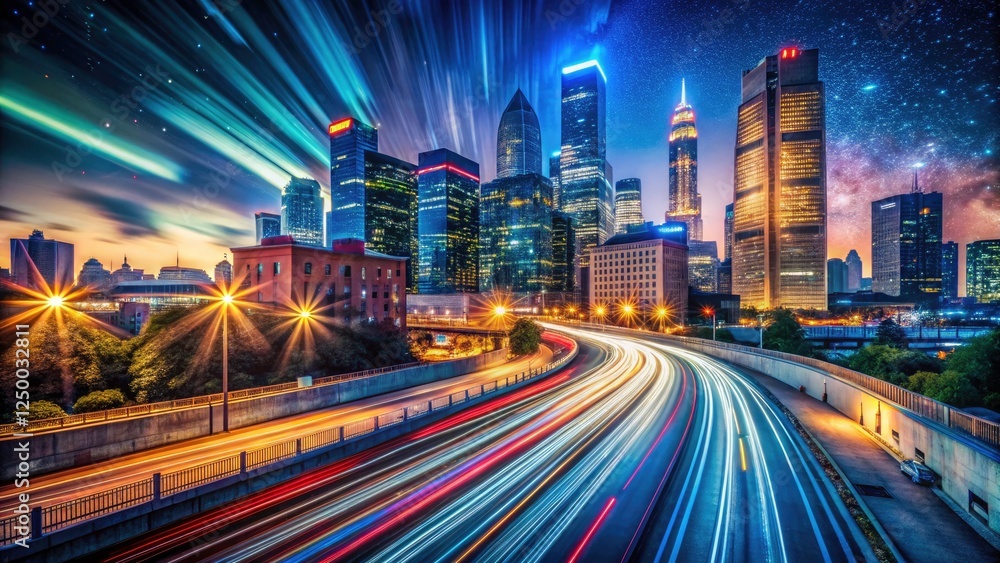 Captivating city nightscapes: long exposures reveal illuminated buildings against dark skies, showcasing urban beauty. Captivating city nightscapes: long exposures reveal illuminated buildings against dark skies, showcasing urban beauty.