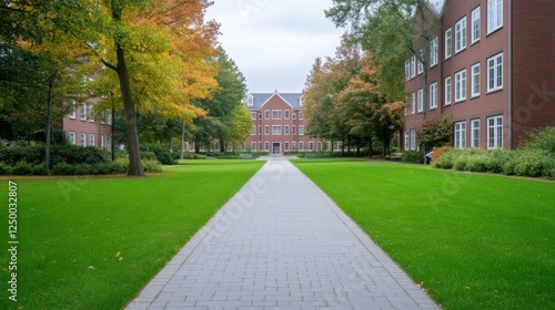 Serene Pathway Through Vibrant Autumn Foliage in a Peaceful University Courtyard