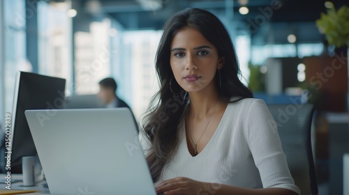 Free Download Young middle eastern indian business lady concentrates on her laptop in a contemporary office, utilizing technology for professional tasks. The bright environment enhances productivity - GFXLoad