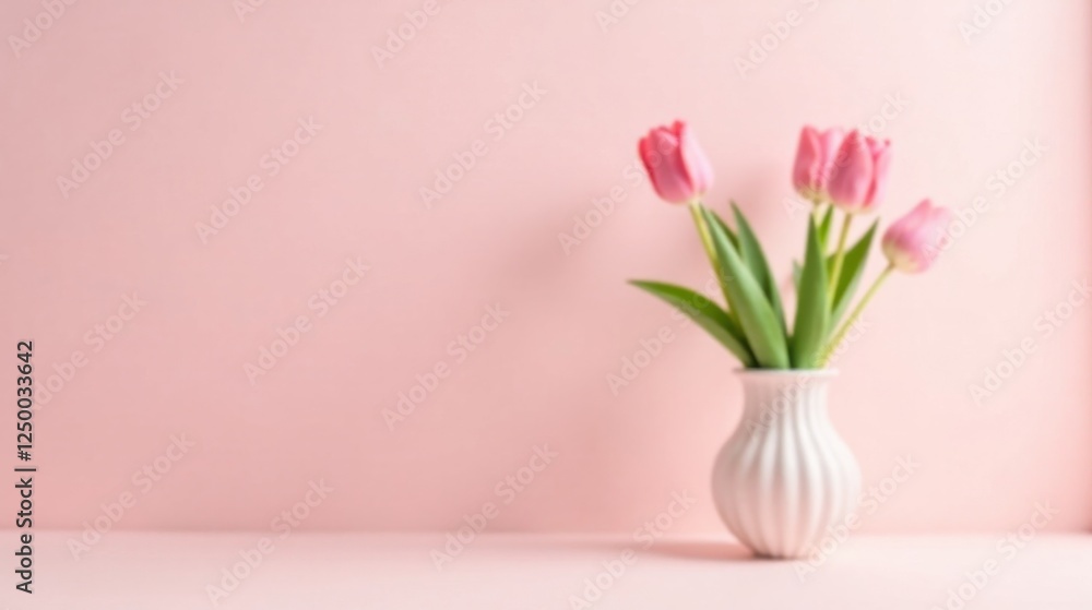 A Delicate Bouquet of Pink Tulips in a White Vase against a Soft Pink Background A Delicate Bouquet of Pink Tulips in a White Vase against a Soft Pink Background