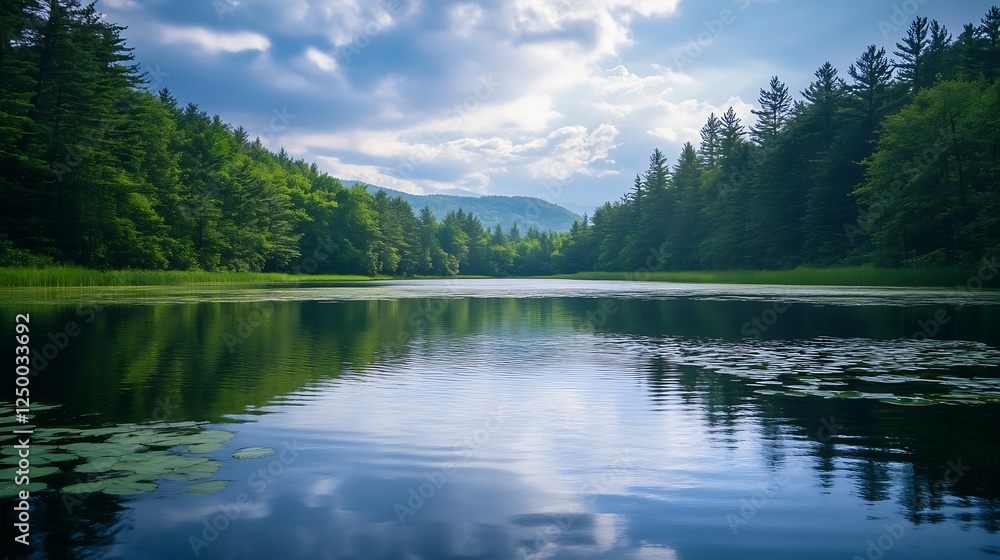 Fototapeta premium Tranquil lake scene reflecting green trees under a bright blue sky during daytime : Generative AI