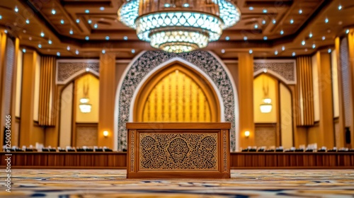 Ornate podium stands within the meticulously designed palace interior