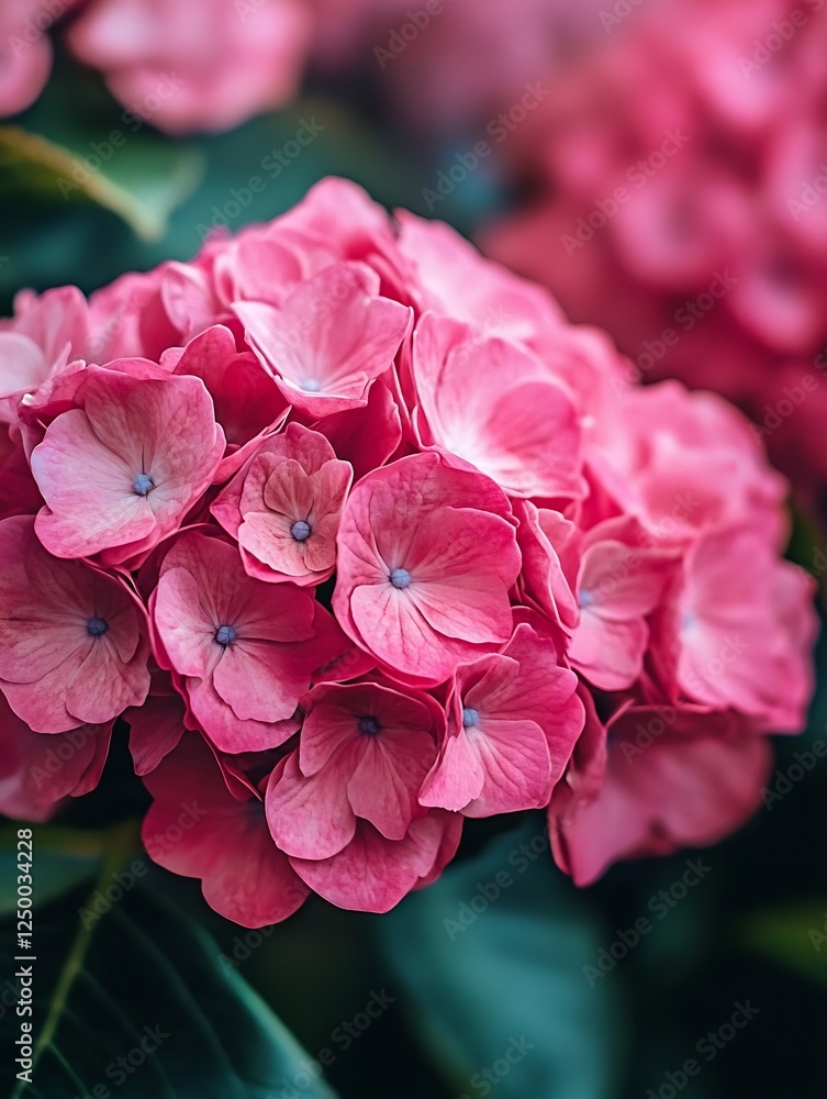 Fototapeta premium Vibrant Pink Hydrangea Flower Cluster Surrounded by Lush Green Leaves in Garden : Generative AI