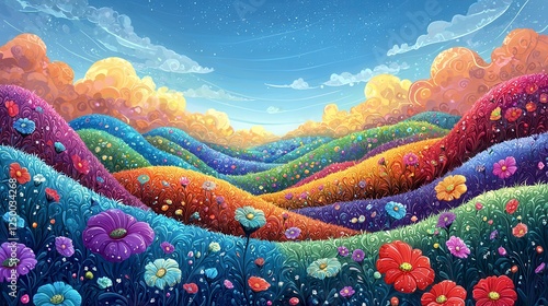 Vibrant Pixel Art Landscape Colorful Rolling Hills and Blooming Flowers photo