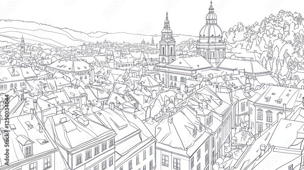 Fototapeta premium Cityscape sketch Prague rooftops, churches, hills. Travel guide illustration