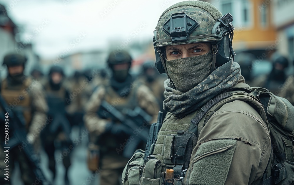 Soldiers in tactical attire stand alert in an urban environment under a cloudy sky, showcasing serious expressions, ready for action Soldiers in tactical attire stand alert in an urban environment under a cloudy sky, showcasing serious expressions, ready for action