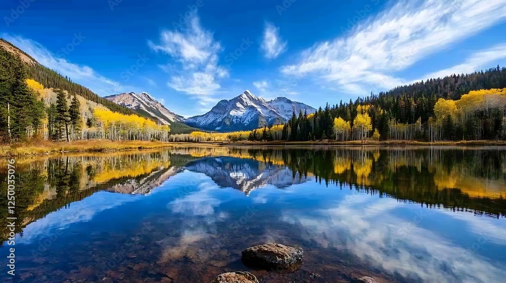 Fototapeta premium Majestic Mountain Reflection In Calm Lake Surrounded By Autumn Foliage And Clear Blue Sky : Generative AI