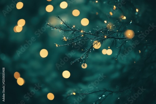 Festive winter branch, bokeh lights, dark teal background photo