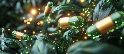 Green Capsules Amidst Lush Leaves: A Glimpse into Natural Medicine and Technological Advancement