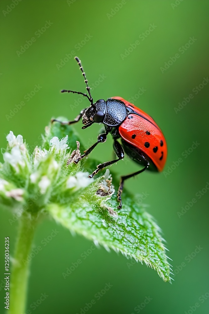 Macro Shot of a Beautiful Red Beetle Crawling on a Leaf : Generative AI Macro Shot of a Beautiful Red Beetle Crawling on a Leaf : Generative AI