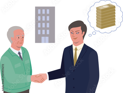 M＆Aで会社を譲渡する高齢の経営者と買い手企業のM＆A詐欺の若者が握手するベクターイラスト