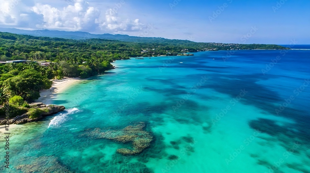 Fototapeta premium Aerial View of a Calm Tropical Beach with Clear Blue Water and Lush Greenery : Generative AI