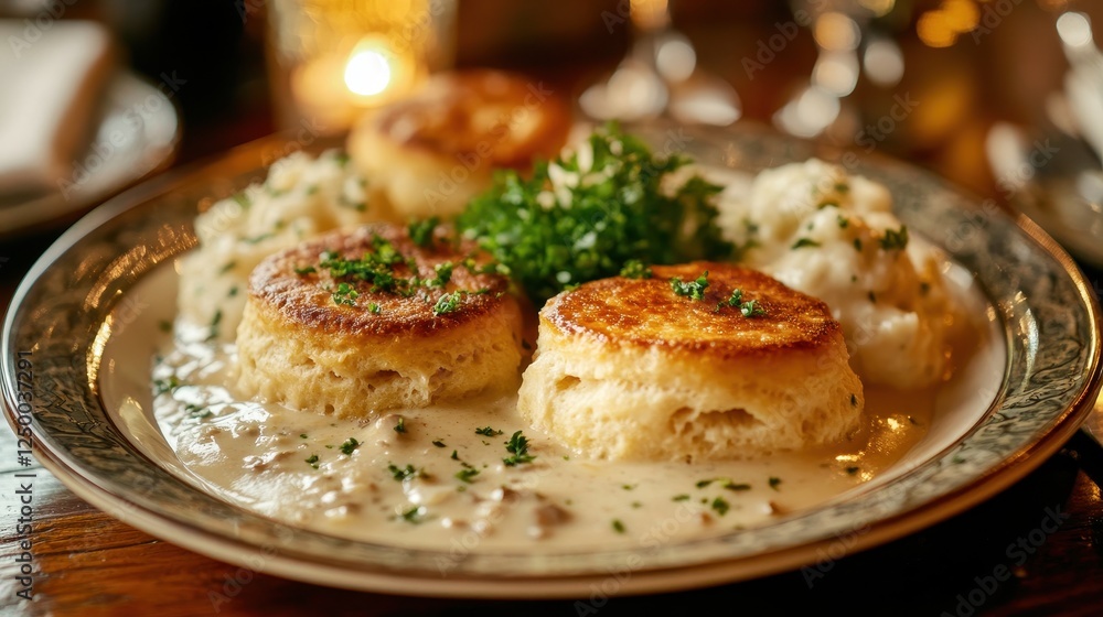 Golden-brown biscuits smothered in creamy gravy, served with fluffy mashed potatoes. Perfect for showcasing comfort food, brunch menus, or Southern cuisine. Golden-brown biscuits smothered in creamy gravy, served with fluffy mashed potatoes. Perfect for showcasing comfort food, brunch menus, or Southern cuisine.