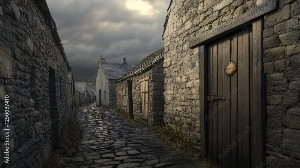 Fototapeta premium Gloomy Stone Village: Ancient Cobblestone Street and Weathered Stone Buildings
