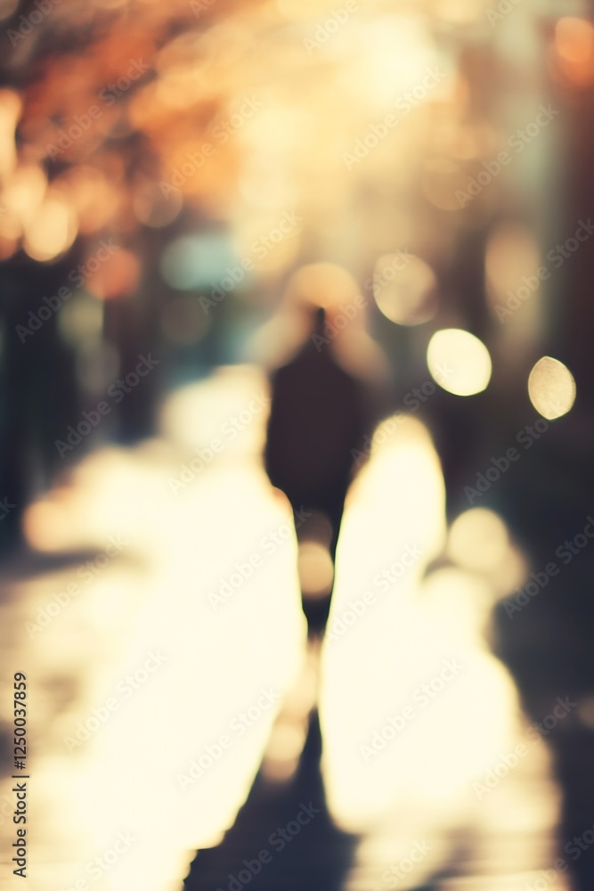 Fototapeta premium Soft Focus of a Person Walking Alone in Urban Street During Golden Hour for Mood and Emotion Photography : Generative AI