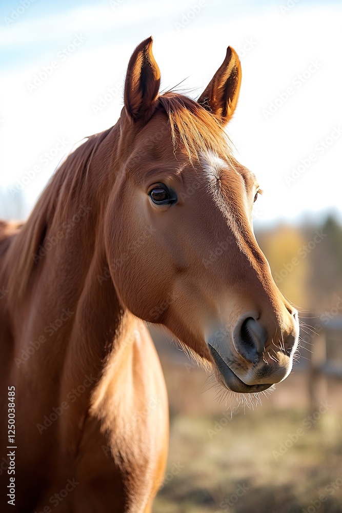 Obraz premium Close-up portrait of a majestic horse on a ranch basking in the golden hour light : Generative AI
