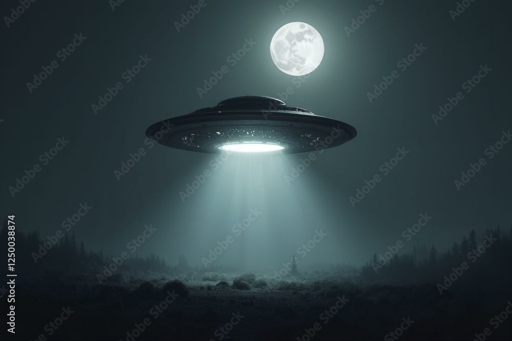 UFO Glowing Above Misty, Moonlit Landscape UFO Glowing Above Misty, Moonlit Landscape
