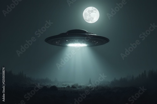 UFO Glowing Above Misty, Moonlit Landscape