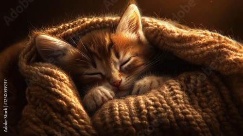 Adorable Kitten Nestled Comfortably in a Soft Textured Blanket, Captured in High Fidelity with Warm Lighting for an Inviting and Cozy Atmosphere photo