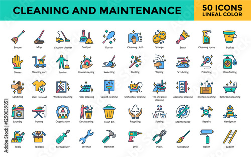 Cleaning and Maintenance icon set with broom, mop, vacuum cleaner, dustpan, duster, cleaning cloth, sponge, brush, cleaning spray, bucket icon. Simple lineal color vector 
