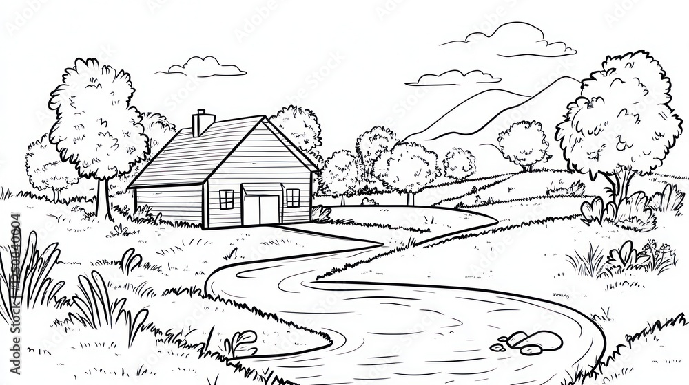 Obraz premium Rustic House by Creek, Hilly Landscape, Peaceful Scene, Coloring Book Page