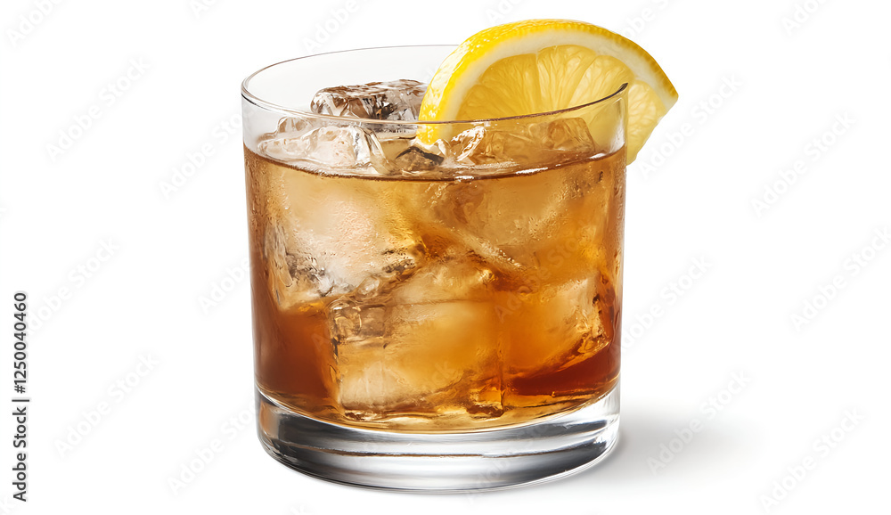 Isolated on a white background, a clear glass contains lemon and ice. The transparent water has a yellow color. The drink has two large, thin slices of freshly cut lemons as garnish. It is placed Isolated on a white background, a clear glass contains lemon and ice. The transparent water has a yellow color. The drink has two large, thin slices of freshly cut lemons as garnish. It is placed