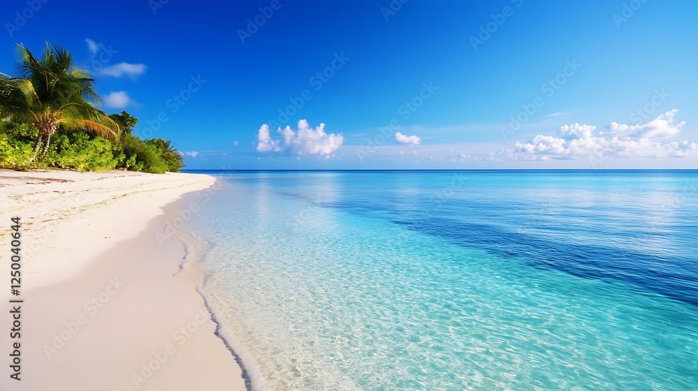 Stunning tropical beach showcasing crystal clear waters and an inviting sandy shore under a blue sky : Generative AI Stunning tropical beach showcasing crystal clear waters and an inviting sandy shore under a blue sky : Generative AI