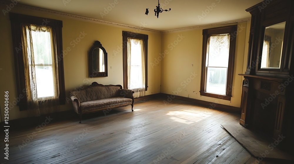 Obraz premium Spacious vintage living room with sunlight streaming through windows and empty hardwood floors : Generative AI