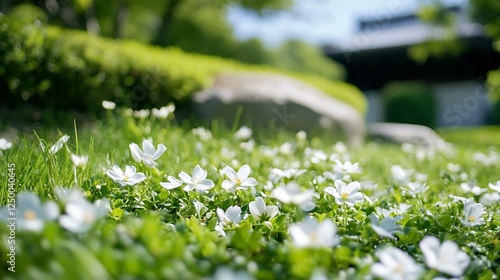 Lush green garden featuring delicate white flowers surrounded by serene natural elements and soft sunlight : Generative AI photo