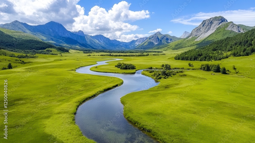 Winding River Through Lush Green Valley and Majestic Mountains Winding River Through Lush Green Valley and Majestic Mountains