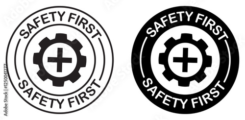 Safety first round stamp vector set. Safety first gear icon with medical cross symbol in a circular stamp design. Workplace safety signs badge for construction companies.  Industrial safety first. 