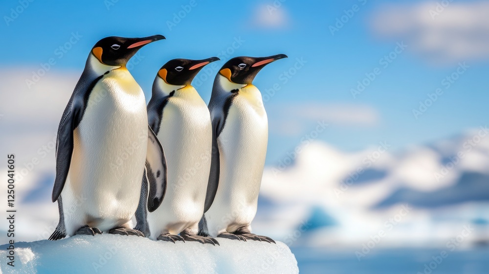 Fototapeta premium Trio of Emperor Penguins on Ice Against a Blue Background