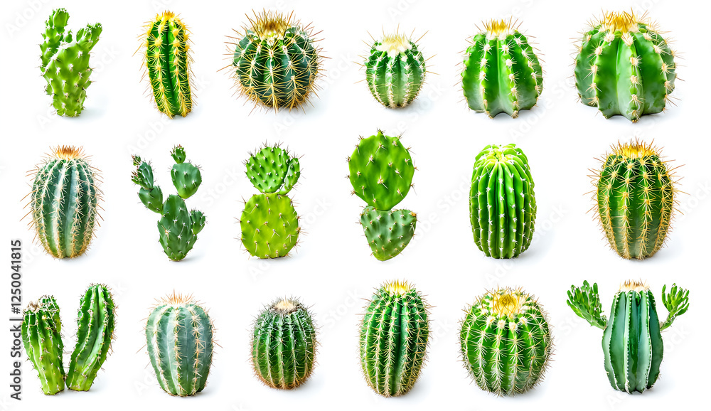 Set of various cacti isolated on a white background, in different sizes and shapes, frontal view, no shadows, high resolution, professional photograph, highly detailed, wide angle, deep focus, Set of various cacti isolated on a white background, in different sizes and shapes, frontal view, no shadows, high resolution, professional photograph, highly detailed, wide angle, deep focus,