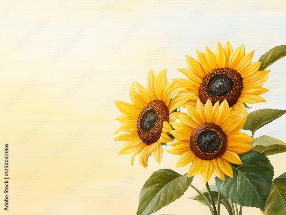 Obraz premium spring background greenery gradient concept, Three vibrant sunflowers in full bloom against a soft, warm background, radiating beauty and cheerfulness.