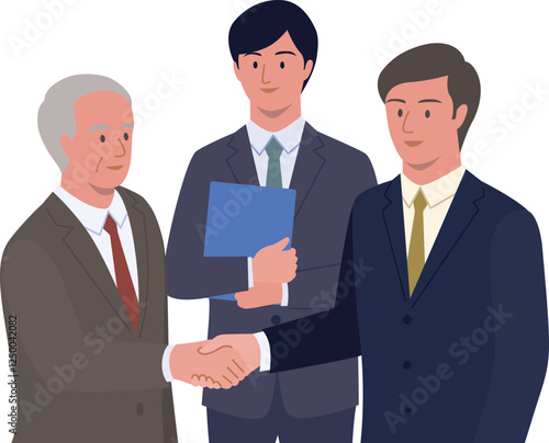 M＆A仲介業者と会社を譲渡する高齢の経営者と買い手企業の若者が握手するベクターイラスト