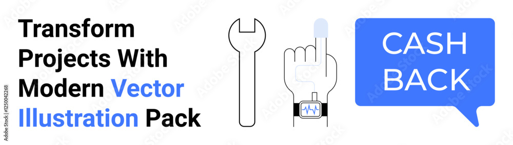Wrench, smartwatch showing time, raised finger tapping, cashback text in chat bubble. Ideal for rewards programs, fintech, technology, DIY tools, e-commerce benefits user interaction flat landing Wrench, smartwatch showing time, raised finger tapping, cashback text in chat bubble. Ideal for rewards programs, fintech, technology, DIY tools, e-commerce benefits user interaction flat landing