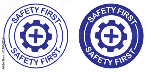 Safety first stamp. Safety first rubber stamp vector collection set. safety first logo for company, factor.  Safety first emblem with gear and medical cross symbol for industrial and workplace safety.