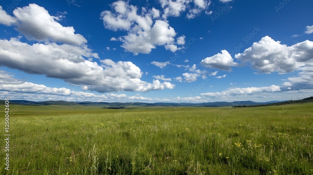 Expansive green field under a bright blue sky with fluffy clouds creating a peaceful natural landscape : Generative AI Expansive green field under a bright blue sky with fluffy clouds creating a peaceful natural landscape : Generative AI