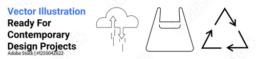 Cloud with upward and downward arrows, single-use plastic shopping bag, and recycling triangle. Ideal for sustainability, recycling, climate, waste management, eco-friendly living, environmental