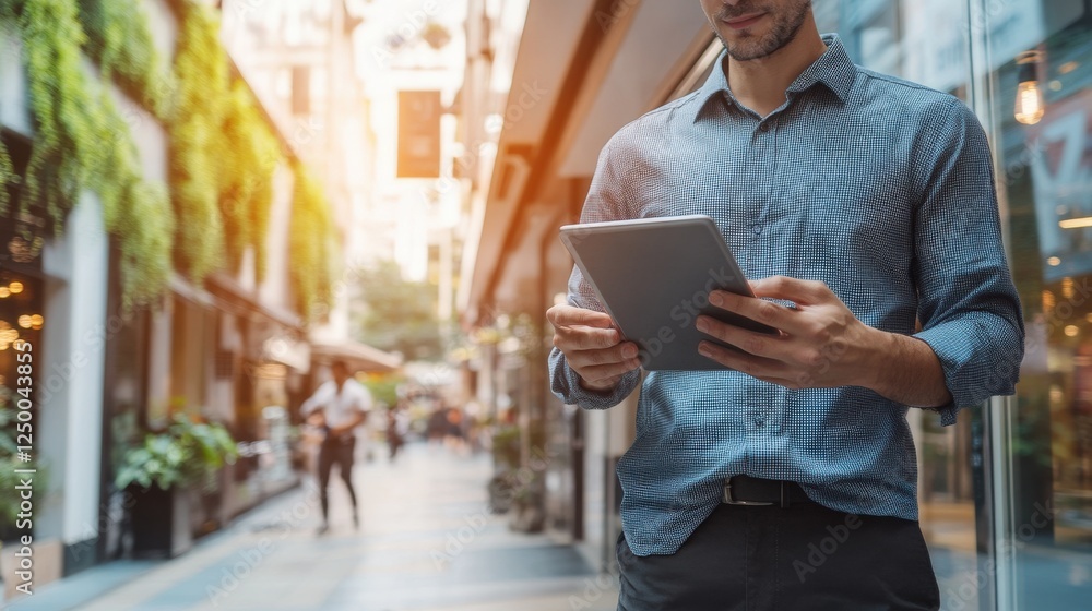 © Photock Agency - Young man using tablet in modern urban setting with afternoon sunlight and greenery