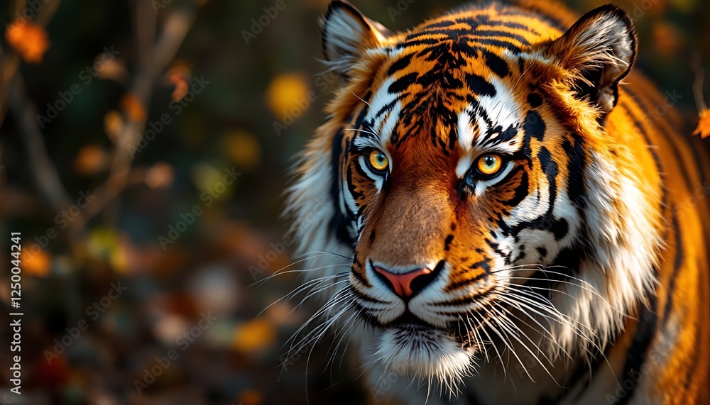Intense Tiger Portrait in Autumn Foliage with Striking Gaze Intense Tiger Portrait in Autumn Foliage with Striking Gaze