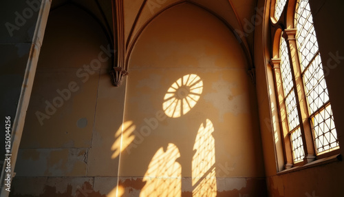 Circular Rose Window with Sunlight in Gothic Church photo