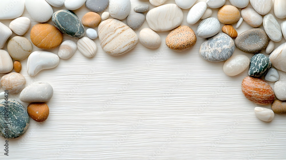 Assortment of various natural stones pebbles and gravel on a bright wooden floor background The composition features a serene and peaceful arrangement of earthy organic materials in a minimalist Assortment of various natural stones pebbles and gravel on a bright wooden floor background The composition features a serene and peaceful arrangement of earthy organic materials in a minimalist