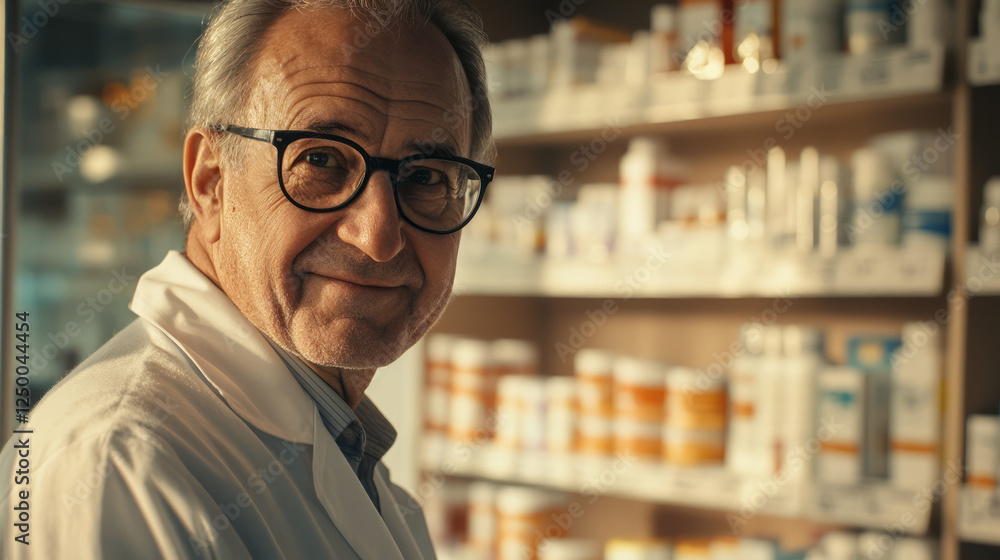 A senior man in glasses and a white coat is working at the pharmacy, generative AI