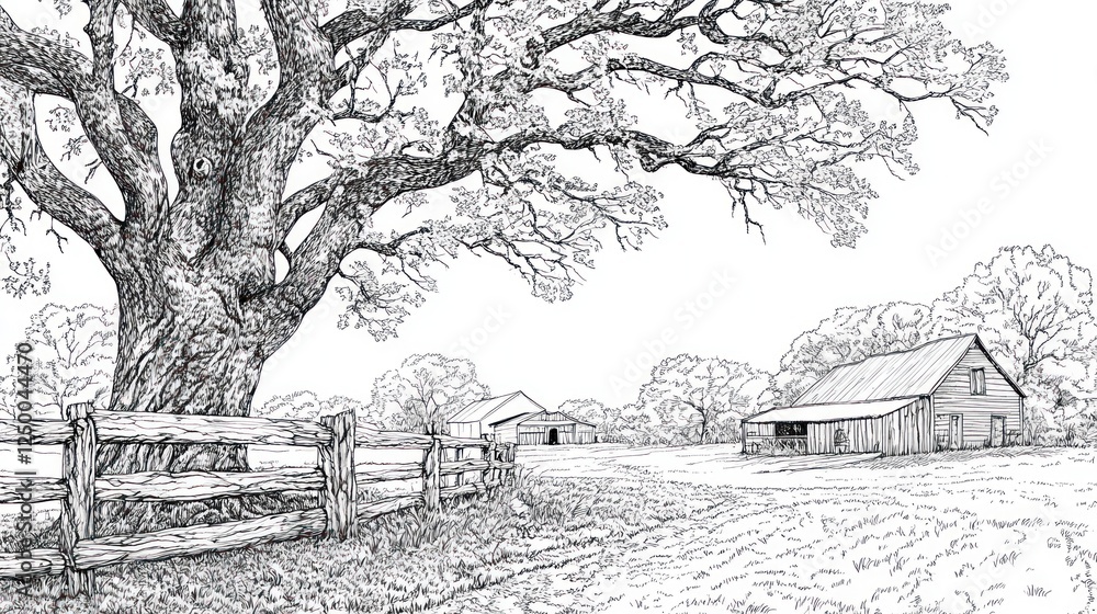 Obraz premium Rustic Farm Scene Oak Tree, Barn, Fence