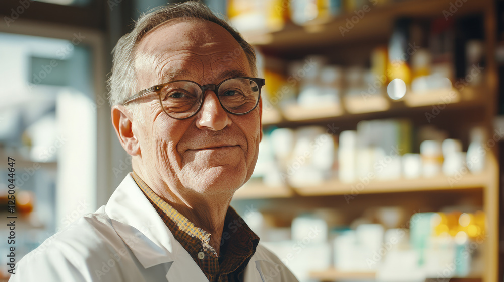 Fototapeta premium A senior man in glasses and a white coat is working at the pharmacy, generative AI