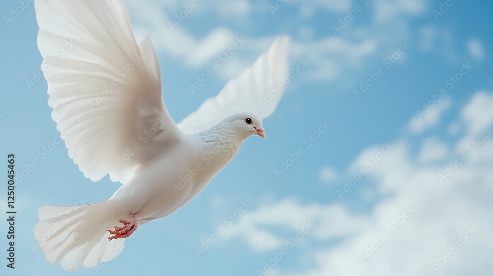 Fototapeta premium Graceful white dove in flight against a beautiful blue sky with fluffy clouds : Generative AI